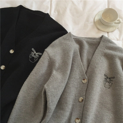 Lazy, little embroidery V-neck cardigans, loose design sweaters  1432