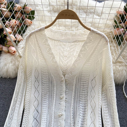 Gentle wind wear a vintage hook flower hollowed out knitted cardigan coat  1580