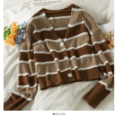 Korean stripe three button low neck thin cardigan long sleeve  1793