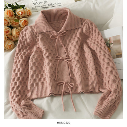 Korean bow tie tie short slim long sleeve sweater women  1888