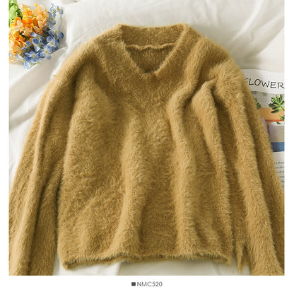Plush loose thin V-Neck Sweater Korean versatile long sleeve Pullover Top  1995