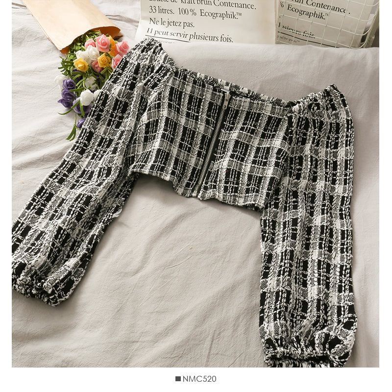 Short open navel bubble long sleeve top Plaid high waist skirt  2518