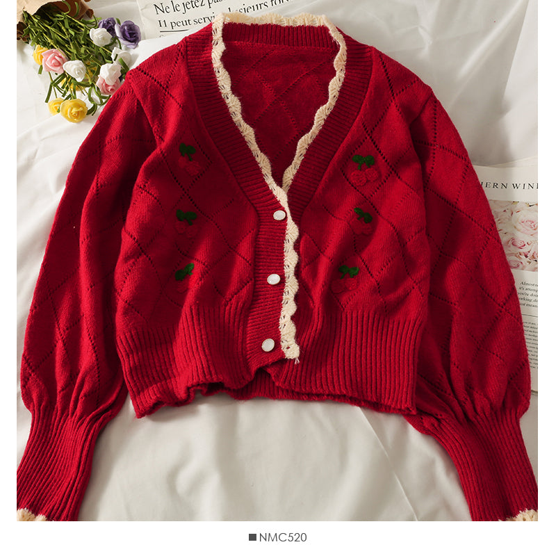 Cherry embroidered diamond check wavy edge sweater  1748