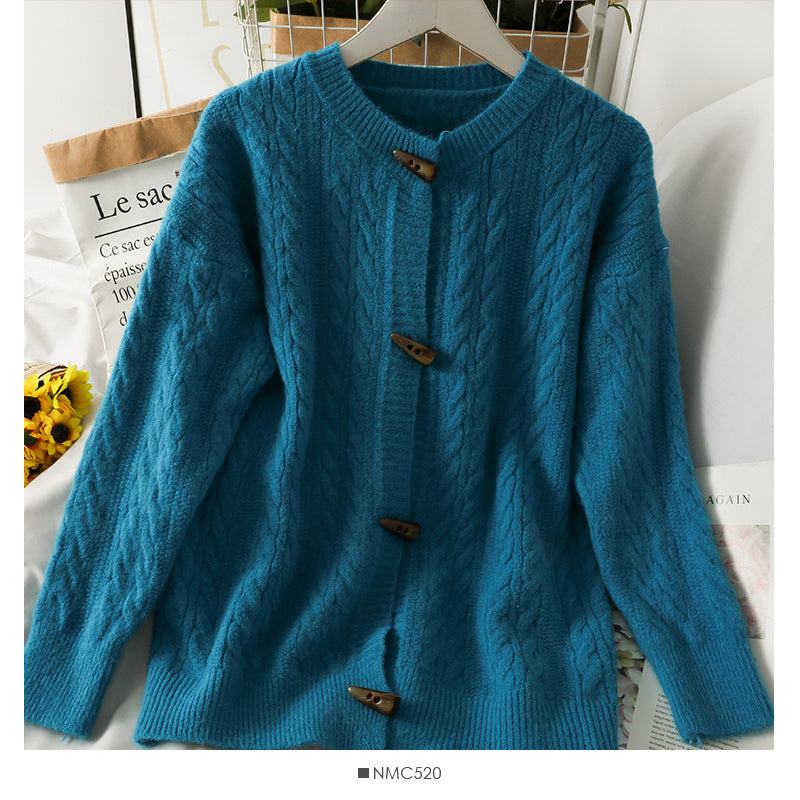 Sweater women's solid color ox horn button round neck sweater  1825