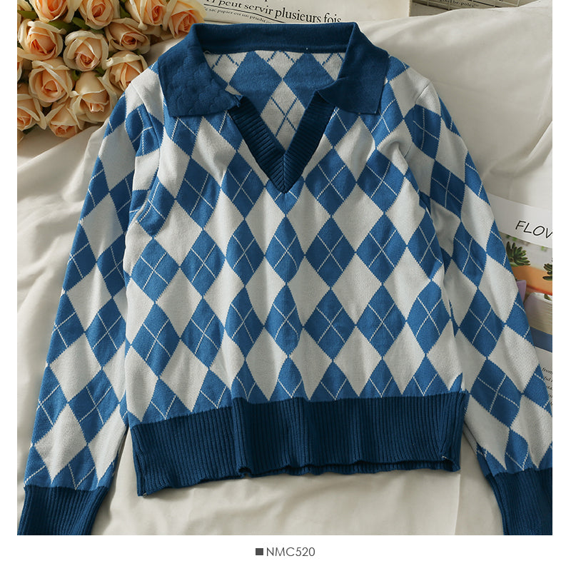 Knitwear women's autumn Lapel long sleeve versatile Pullover Top  2001