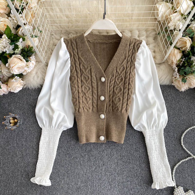 Minority lamb leg sleeve long sleeve stitched Vintage twist knitted cardigan top  1575