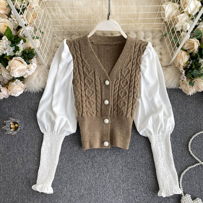 Minority lamb leg sleeve long sleeve stitched Vintage twist knitted cardigan top  1575