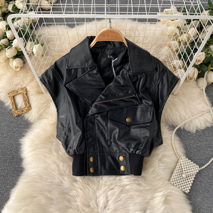 Lapel short motorcycle leather jacket waistcoat  1532