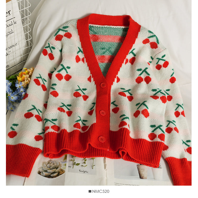 Hong Kong Vintage contrast stitched cherry print V-neck T-shirt  1881