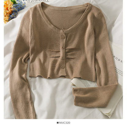 Long sleeve single breasted top women's new short versatile slim knit  1973