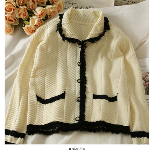 Hong Kong style retro color matching tassel single breasted sweater  2050