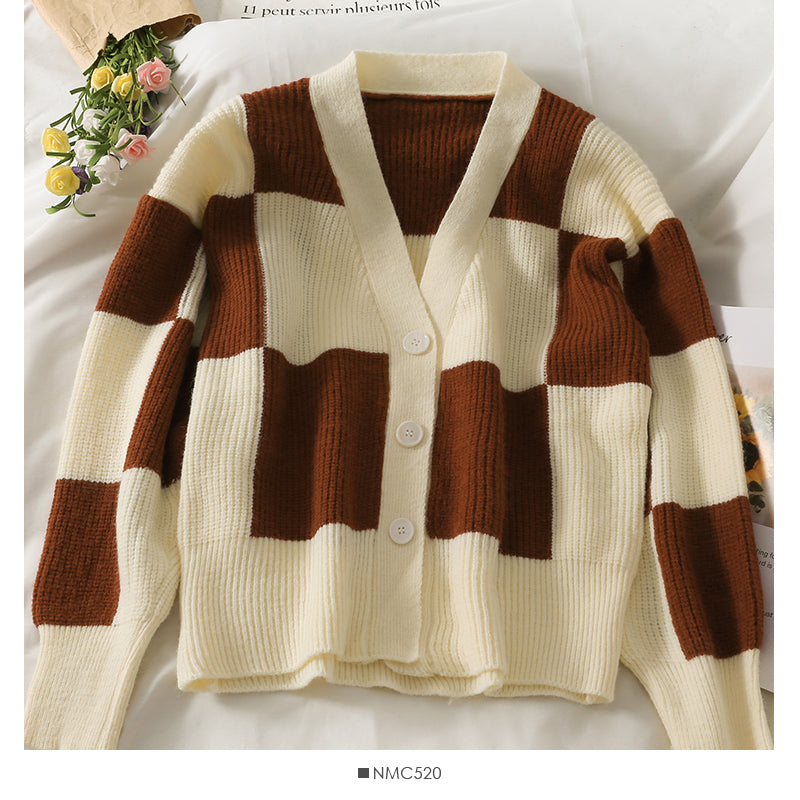 Sweater women's contrast stitched Plaid single breasted  1847