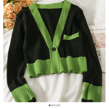 Han Fan contrast color stitched one button long sleeve sweater for women  1949