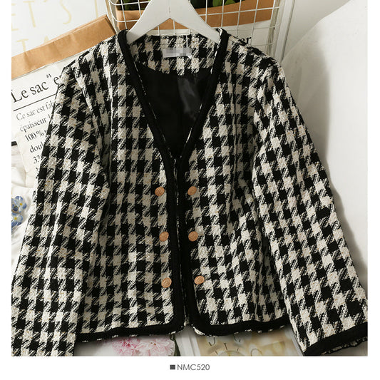 Thousand bird lattice loose small coat women's autumn long sleeve versatile top  2105