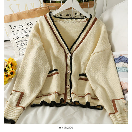 Sweater women's striped low neck single breasted cardigan over top  1984