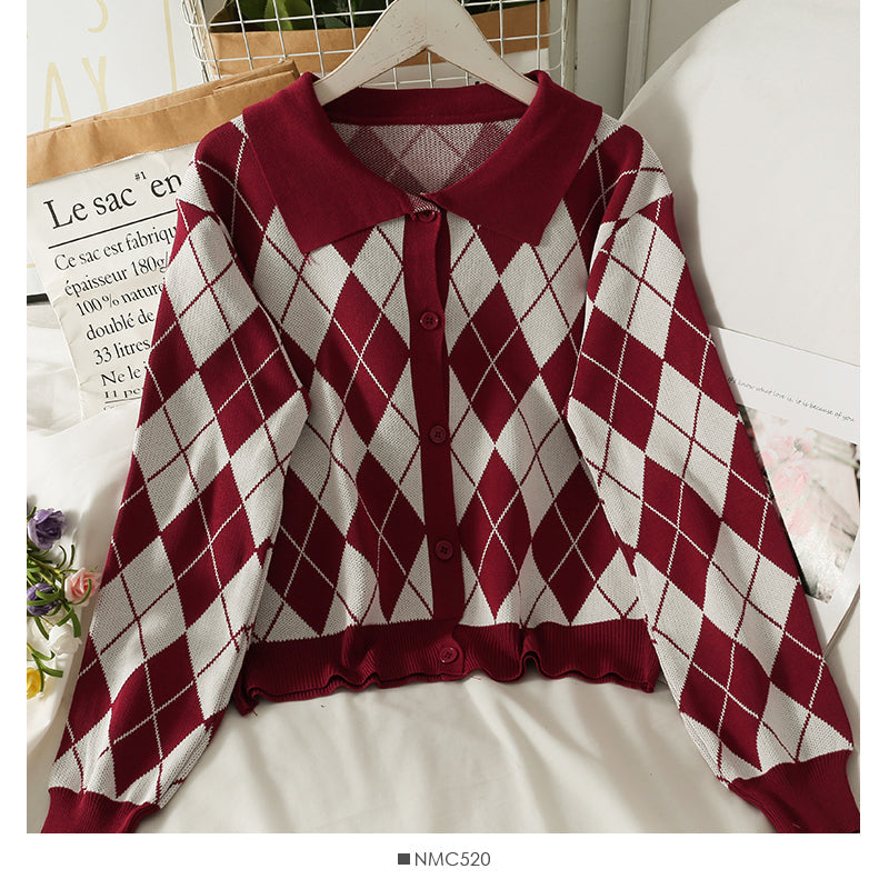 Vintage Lapel single breasted cardigan long sleeve sweater women's autumn  1819