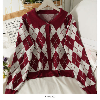 Vintage Lapel single breasted cardigan long sleeve sweater women's autumn  1819