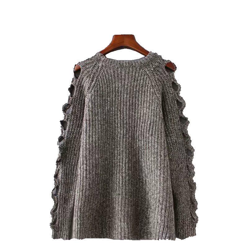 New autumn and winter pullover hollow out solid color thickened loose sweater and sweater  1373