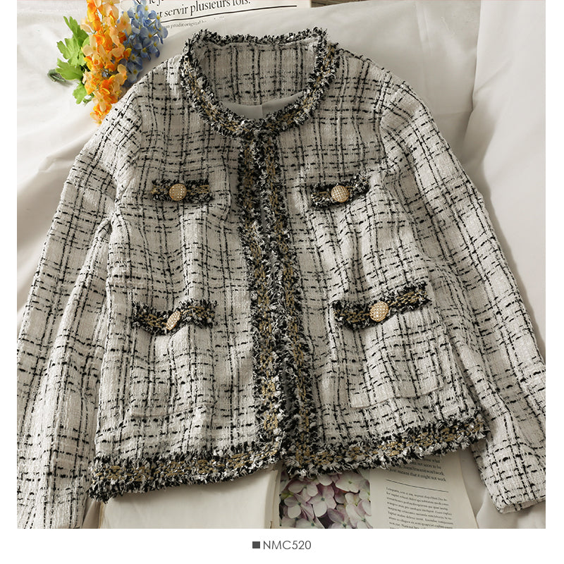 Tweed Plaid loose top women's autumn round neck long sleeve bright silk wool coat  2090