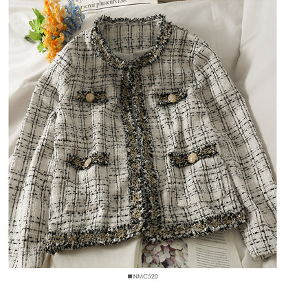 Tweed Plaid loose top women's autumn round neck long sleeve bright silk wool coat  2090