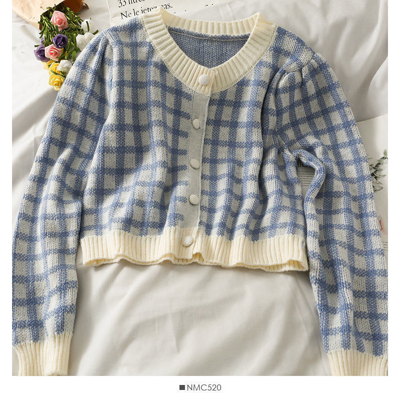 Korean retro color block check short loose knit women's shirt  1815