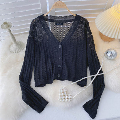 Knitted cardigan thin hook flower hollow out long sleeve  1583