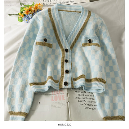 Plaid three button low neck cardigan women's sweater  1845