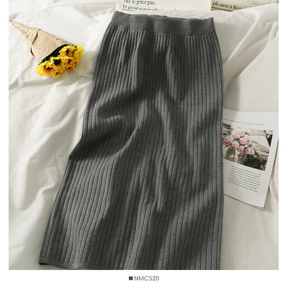 Hong Kong style retro vertical stripe elastic waist thin split one-step skirt  2519