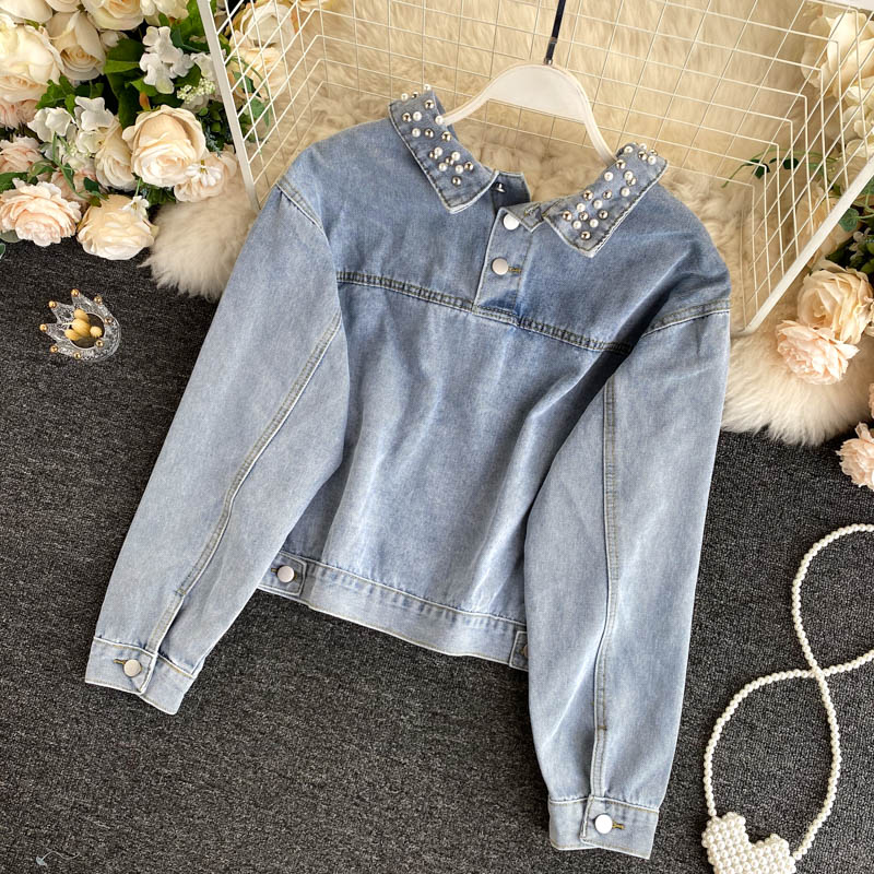 Denim coat women's heavy industry Beaded coat  1535
