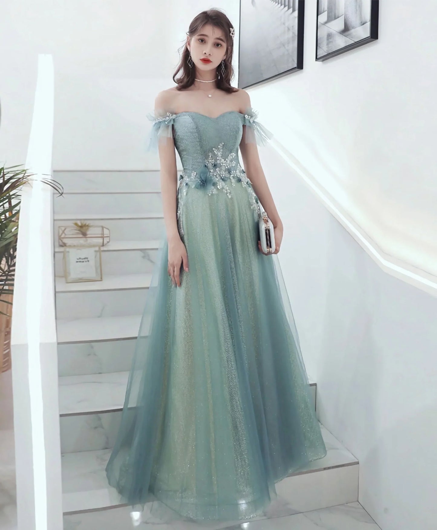 Green Tulle Lace Long Prom Dress, Green Tulle Formal Dress        fg4189