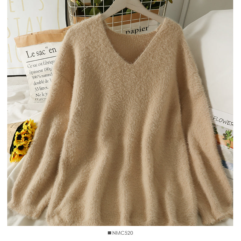 Plush loose slim V-Neck long sleeve sweater women's solid color versati  1964