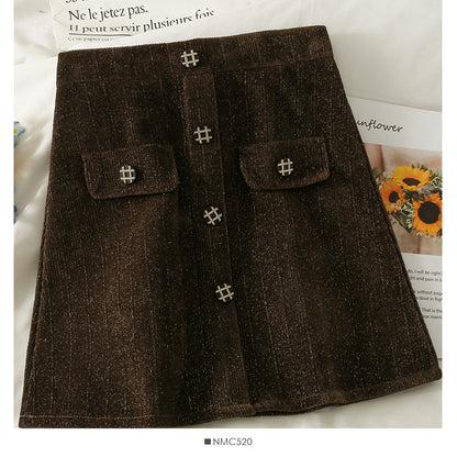 Hong Kong style retro bright silk vertical stripe buckle high waist slim A-line skirt  2588