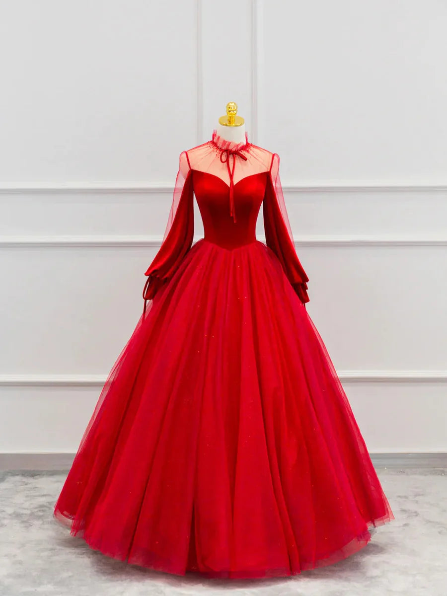 Red Velvet Tulle Floor Length Prom Dress, Beautiful Long Sleeve Evening Party Dress       fg4355