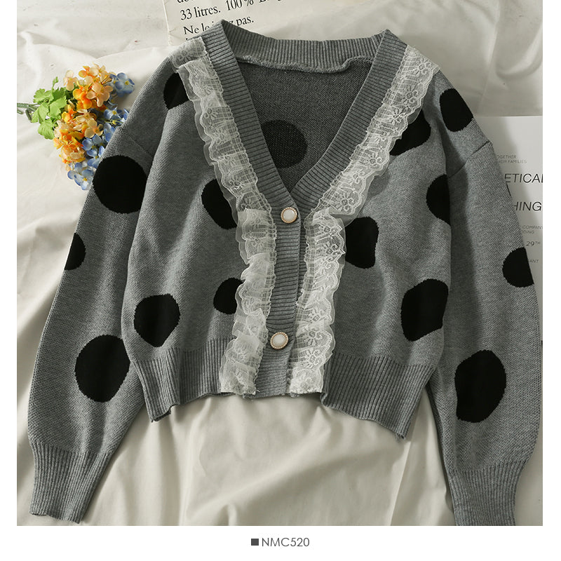 Mesh stitched large wave point low neck two button sweater female  1905