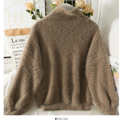 Sweater female Plush high neck slim fit solid color versatile long sleeve top  1764
