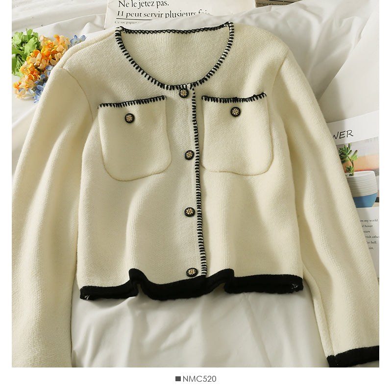 Sweater women's bag side single breasted cardigan top color matching slim fit bottomed sweater  1983