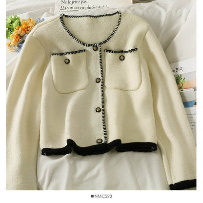 Sweater women's bag side single breasted cardigan top color matching slim fit bottomed sweater  1983