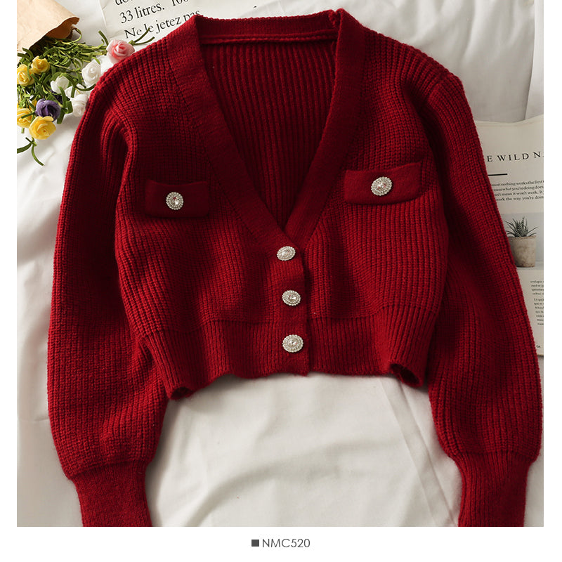 Small and versatile three button V-Neck long sleeved sweater coat  1733