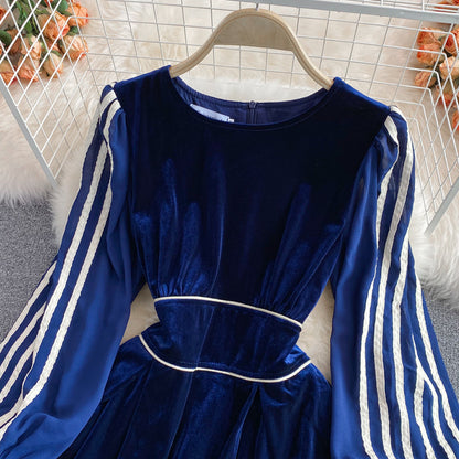 Quality waist stripe long sleeve fake two piece velvet dress  3229