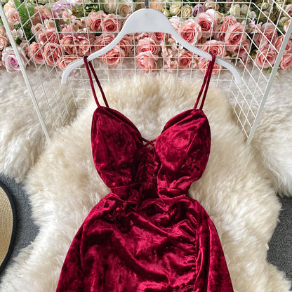 Banquet wine red evening dress velvet suspender split dress  3309