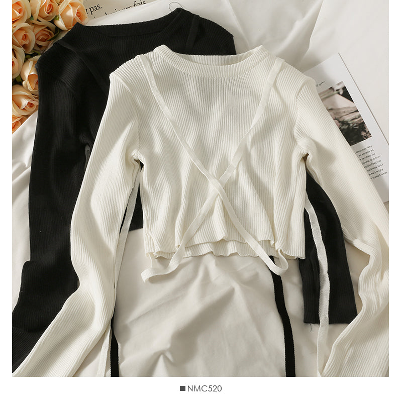 Korean bow tie tie short versatile long sleeve Pullover Top  1981