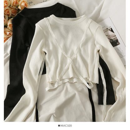 Korean bow tie tie short versatile long sleeve Pullover Top  1981