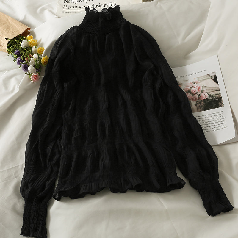 Versatile Pleated Chiffon shirt perspective bottoming shirt  1703