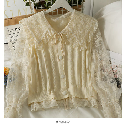 Lace bottomed shirt with vertical stripe knit vest  1714
