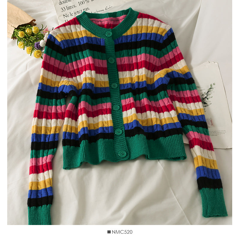 Elegant color stripe single breasted thin women's sweater  1788