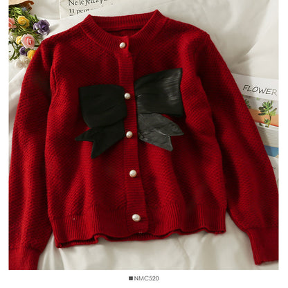 Korean contrast stitched bow decorative round neck T-shirt  1808