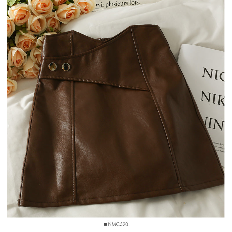Han Fan Design PU leather high waist thin A-line skirt  2553