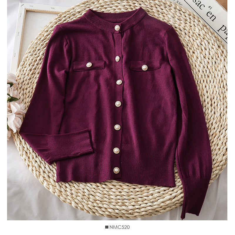 Round neck single row pearl button cardigan sweater coat  1865