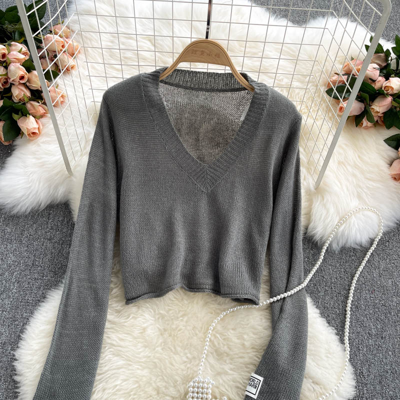 Solid V-neck slim high waist sweater female  1609