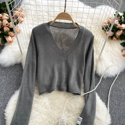 Solid V-neck slim high waist sweater female  1609